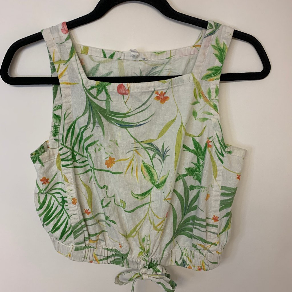 A.Love A.Womens Blouse Cropped Tropical Floral Linen Square Neck Causal Size Xs